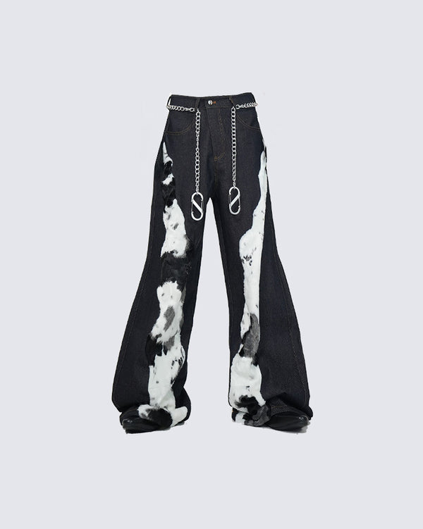 Patchwork Fur-Panel Wide-Leg Jeans