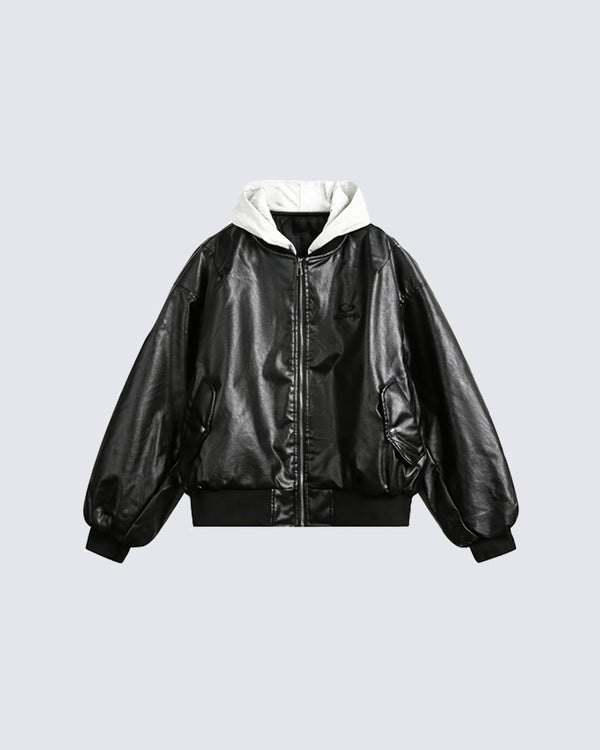 Hooded Padded PU Leather Jacket