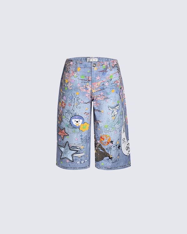 Cartoon Graffiti Print Straight Denim Shorts