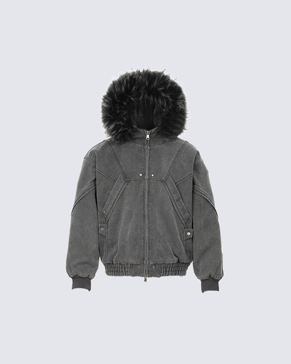 Washed Canvas Hooded Fur-Collar Loose Cotton Jacket