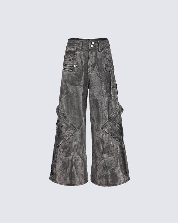 "Futuristic Edge" Heavy-Duty Distressed Wide-Leg Cargo Pants