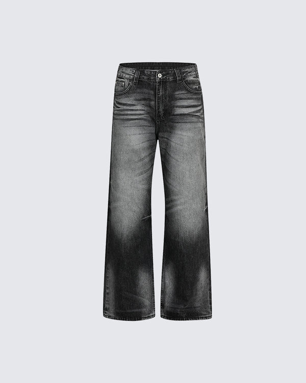 Black Whisker Design Flared Jeans