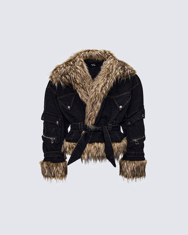 Premium Padded Faux Fur Spliced Denim Jacket