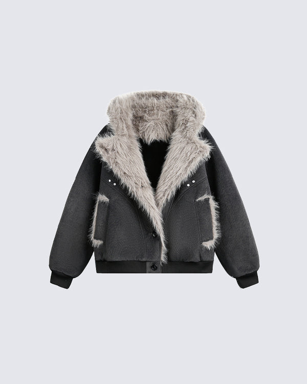 Hooded Short Padded with Faux Fur Collar Coat