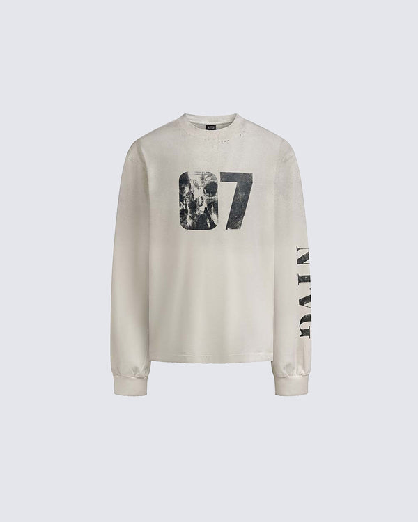 Vintage Print Spray-Wash Distressed Long Sleeve
