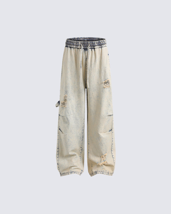 Vintage Distressed Drawstring Loose Denim Pants