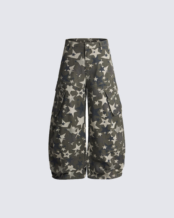European-American Camo Star Print Wide-Leg Pants