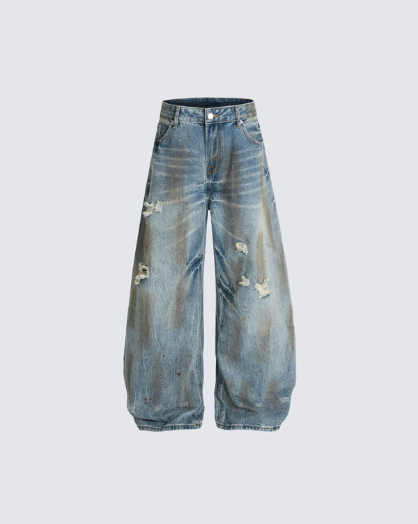 American High-Street Washed Distressed Scimitar-Cut Denim Jeans