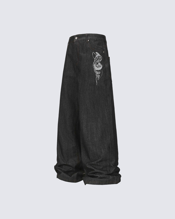 Street Style Snake Embroidery Denim Pants
