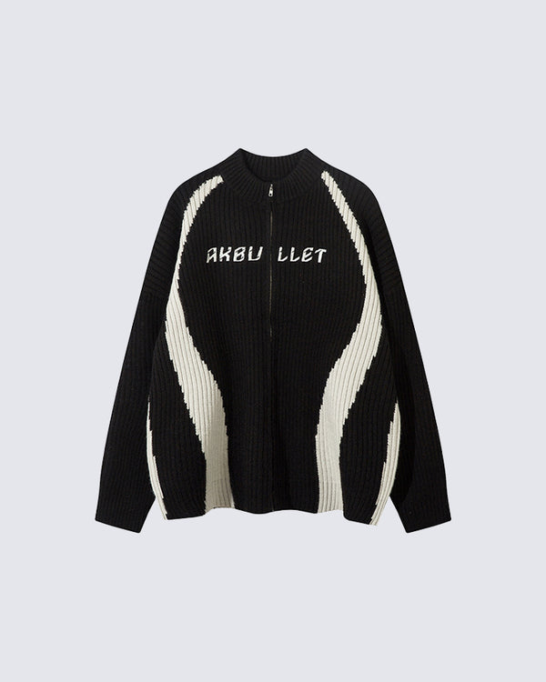 Color-Block Letter Jacquard Zip-Up Knit Sweater