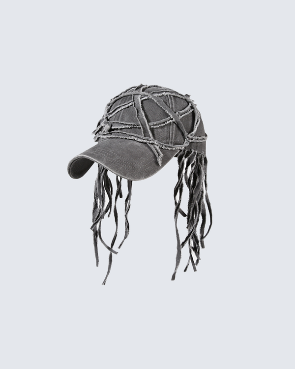 Gothic Fringe Strap Distressed Baseball Cap – Grunge Punk Aesthetic