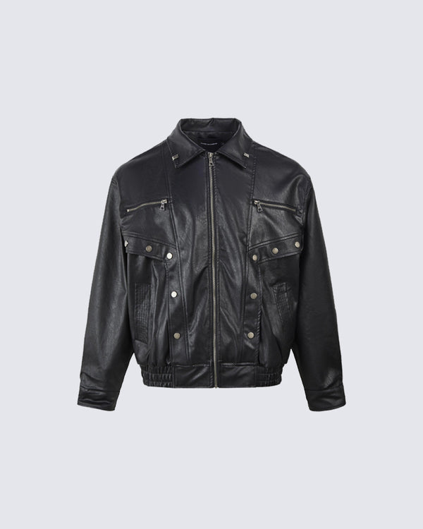 Multi-Pocket Retro Black Leather Jacket