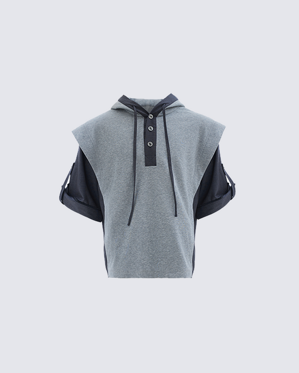 Color Block Button-Up Hooded Tee