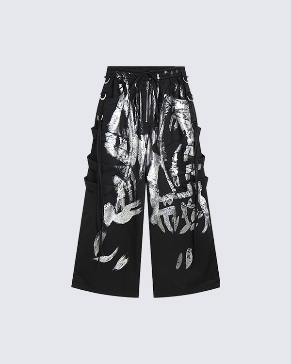Graffiti Print Wide Leg Strap Cargo Pants