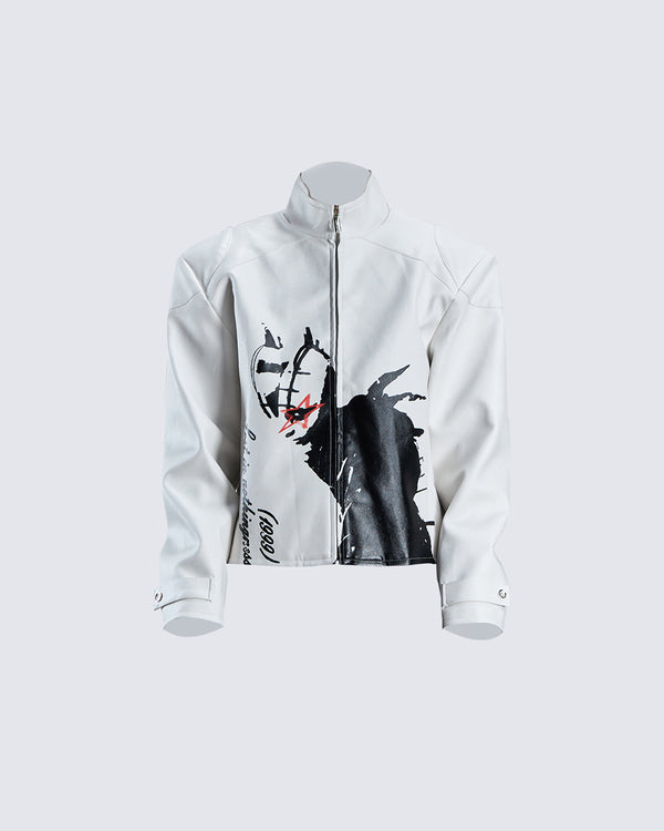 Comic Print Short Faux Leather Jacket