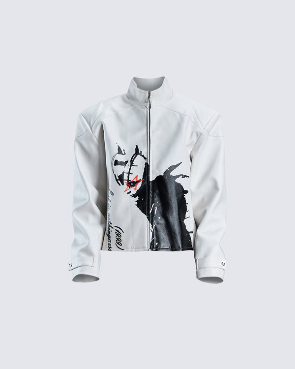 Comic Print Short Faux Leather Jacket