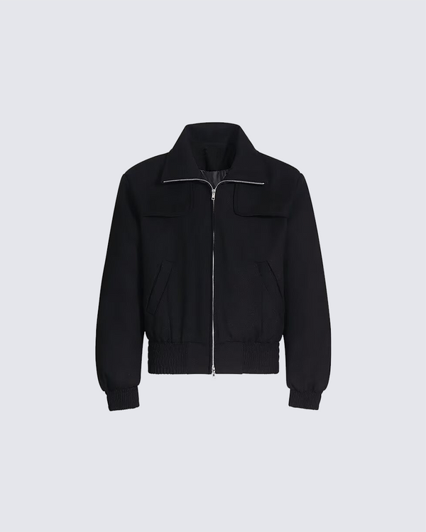 Black Wool-Blend Structured Zip-Up Jacket