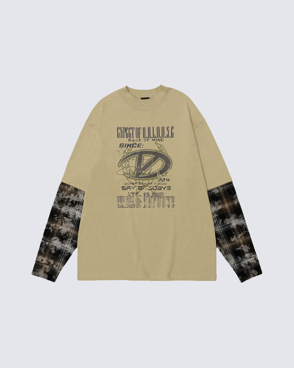 Patchwork Print Design Long-Sleeve T-Shirt