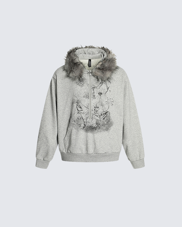 Faux Fur Collar Half-Zip Patchwork Sweatshirt Jacket