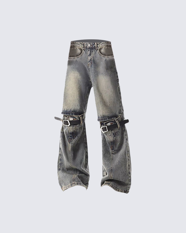 Adjustable Split-Leg Wide Leg Vintage Washed Jeans