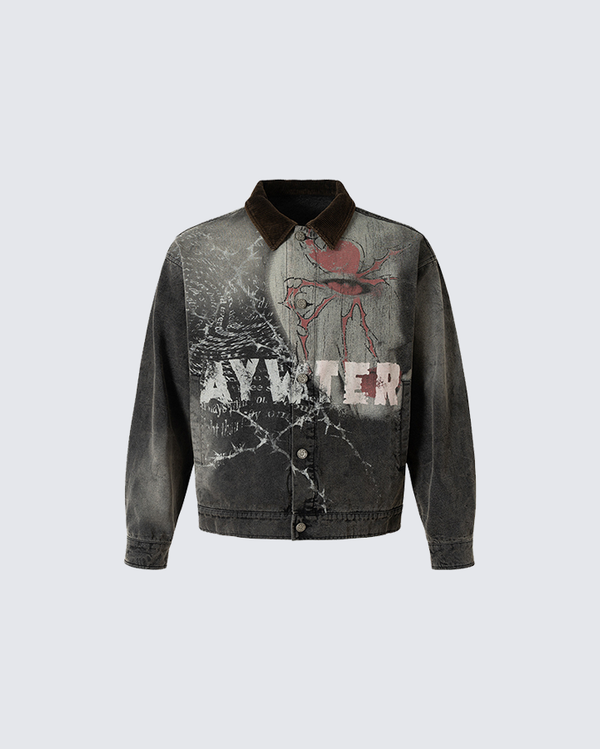 Washed Denim Graffiti Jacket with Contrast Collar