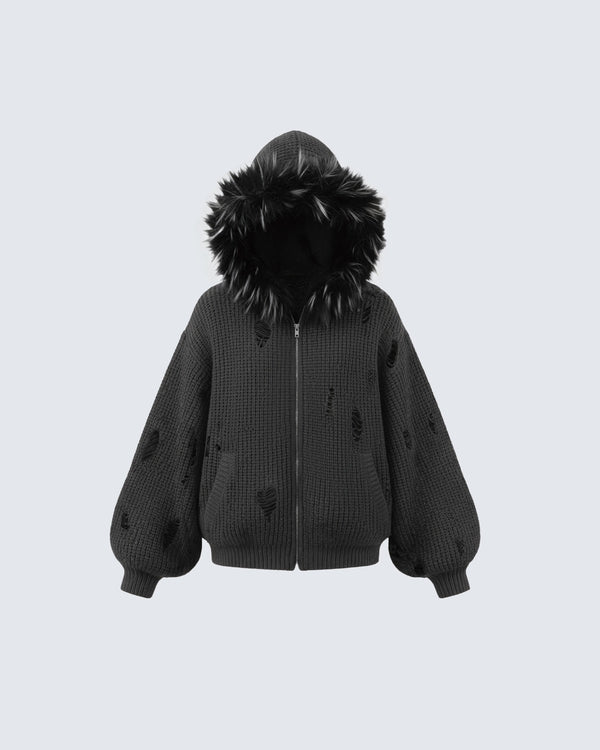 Destroyed Knitted Sweater Plush Coat