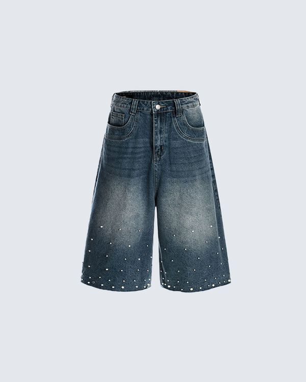 Studded Embellished Denim Shorts – Gradient Wash Wide-Leg Style