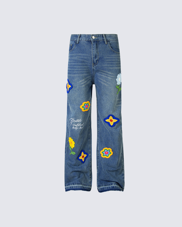 Vintage Flower Embroidery Wide-Leg Jeans – Retro Streetwear Style