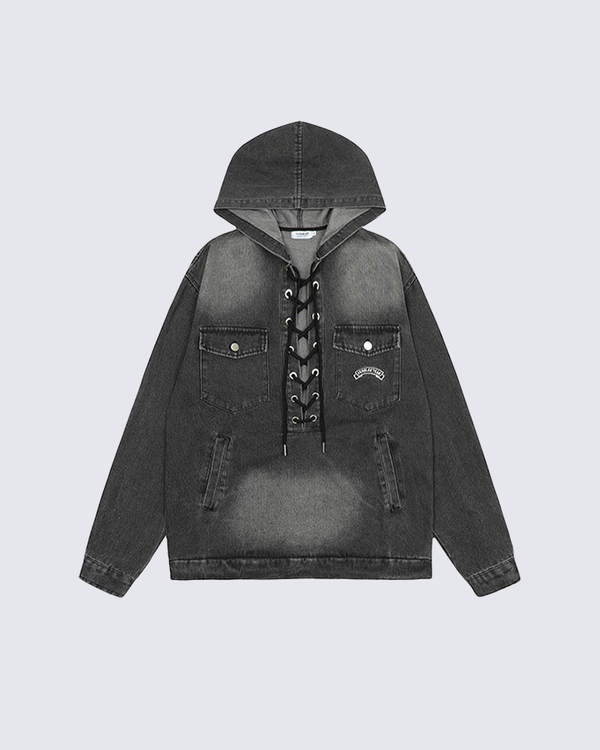 Lace-Up Washed Denim Hoodie Jacket