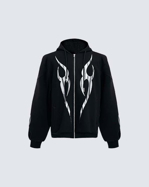 Tribal Flame Graphic Zip-Up Hoodie