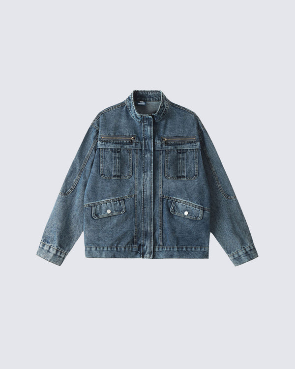 Multi-Pocket Washed Denim Jacket