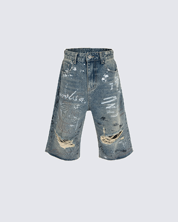 Distressed Denim Shorts with Abstract Paint and Ripped Design