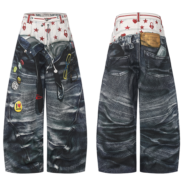 3D Illusion Denim Print Wide-Leg Pants