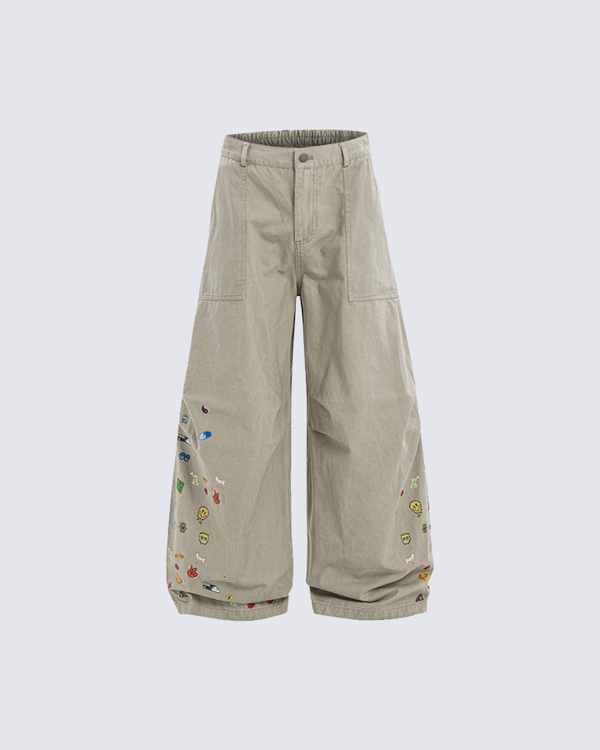 Cartoon Embroidered Wide-Leg Pants