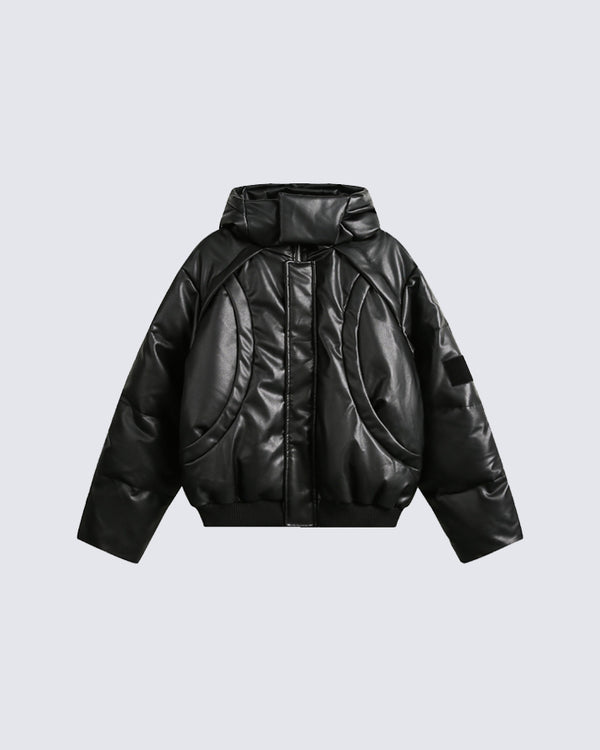 Arc Quilted PU Leather Puffer Jacket