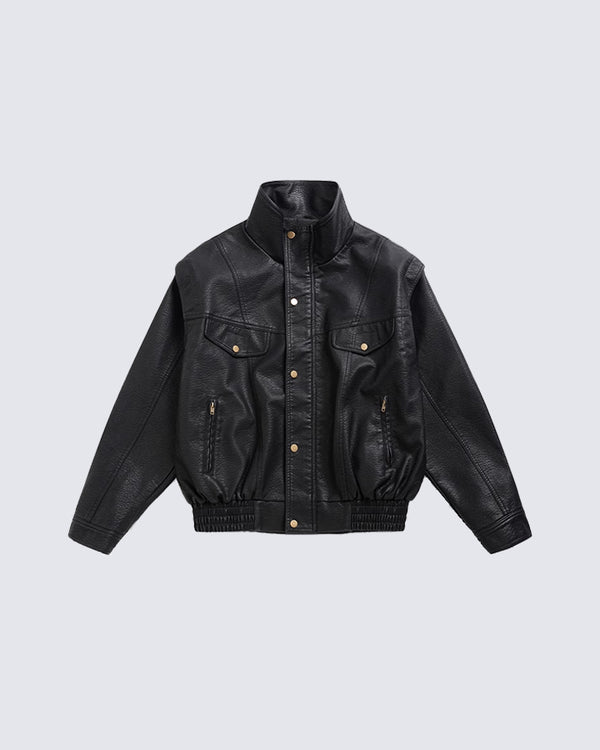 Vintage High-Neck Multi-Pocket Leather Jacket