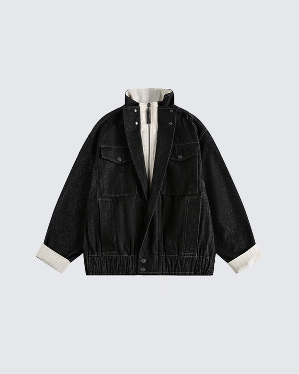 Contrast Lining Zip Stand Collar Black Jacket
