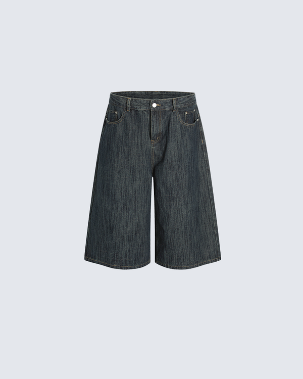 Dark Denim Wide-Leg Shorts with Utility Side Pouch Detail