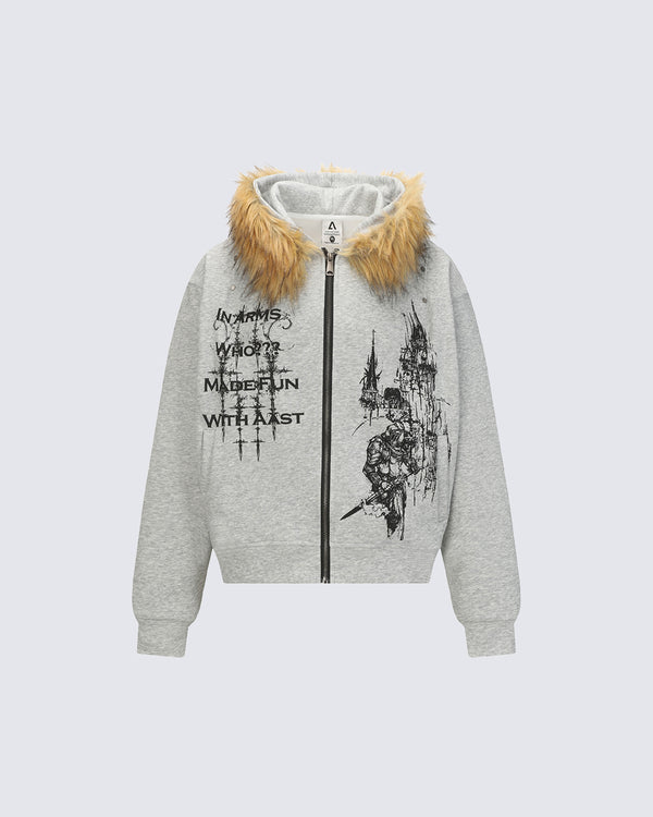 American Street Style Printed Hoodie Jacket – Short Fur Collar Sweatshirt