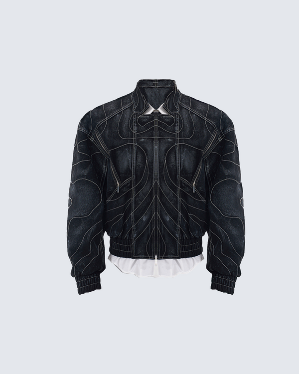 Futuristic Black Denim Bomber Jacket