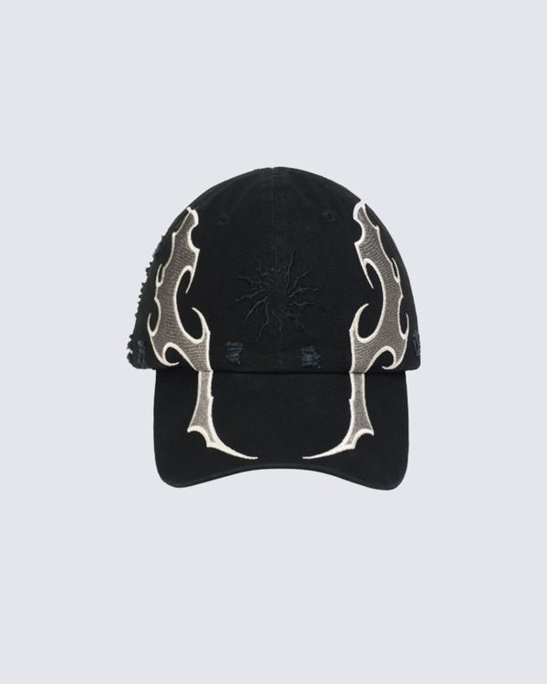Black Baseball Cap with Flame Design and Sun Embroidery