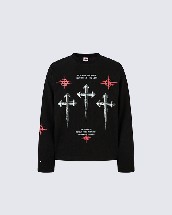 Cross Print Long Sleeve Streetwear Tee