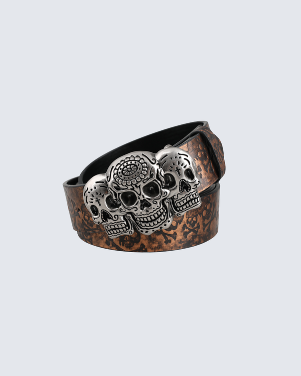 Gothic Skull Buckle Punk Belt – 3D Sugar Skull Design (Grey / Coffee / Bronze)