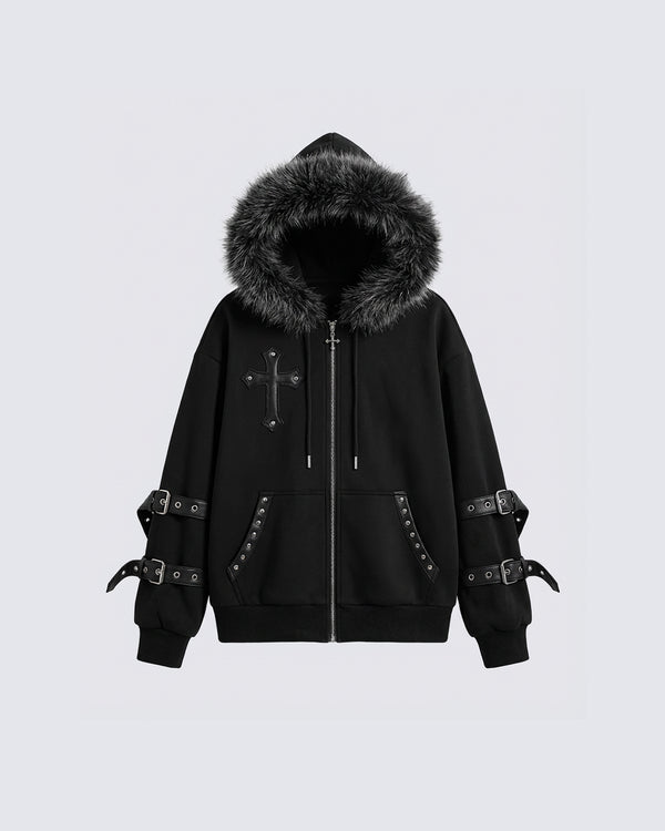 Cross Embroidered Faux Fur Hooded Jacket