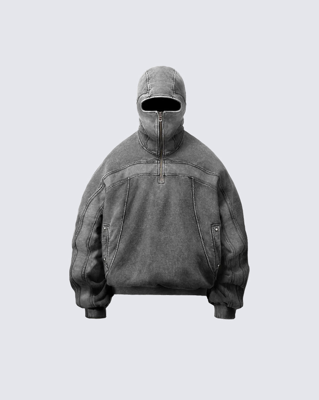 KIIKIO gray hoodie with an integrated balaclava mask, combining urban street style with a contemporary, bold design.