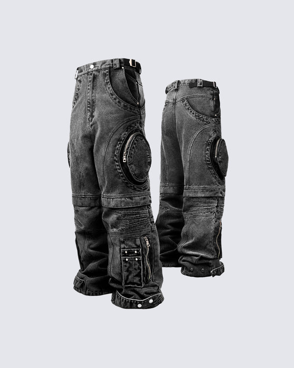 KIIKIO bold retro-washed black denim pants, featuring unique zippered pockets and a relaxed fit for a standout streetwear look.