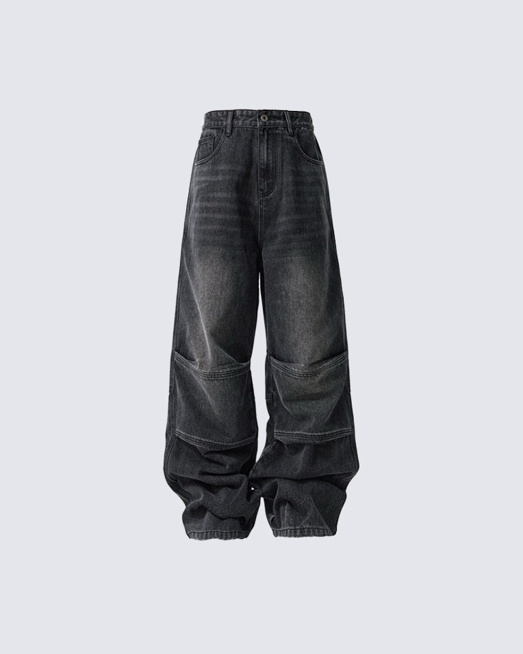 KIIKIO vintage loose straight leg jeans in black denim, designed with a relaxed fit and distressed detailing for a timeless, streetwear-inspired look.