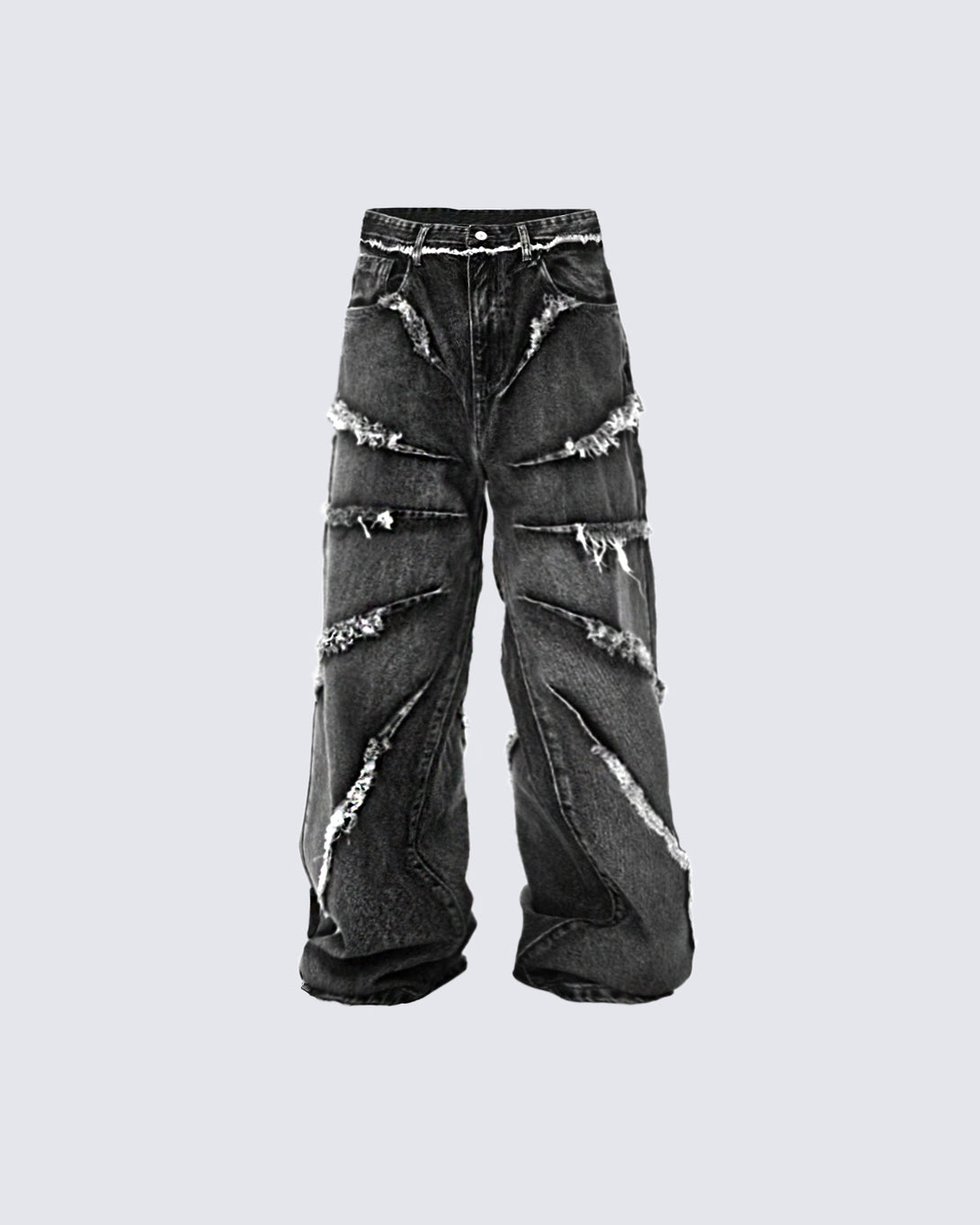 KIIKIO raw edge straight leg pants in black denim, featuring distressed details and a unique, edgy design for bold streetwear style.