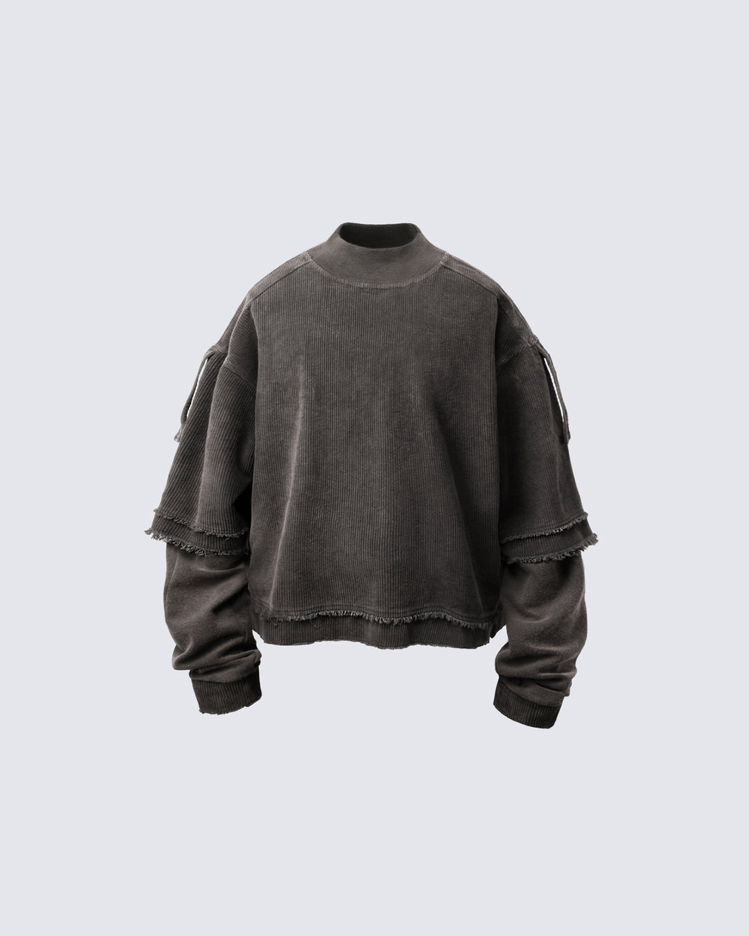 Gray distressed sweatshirt by KIIKIO, designed with a unique patchwork style and frayed details, ideal for creating an edgy, streetwear fashion statement.