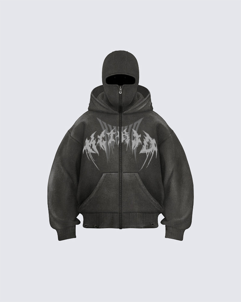 Stonewashed hoodie by KIIKIO with balaclava integrated design, showcasing a striking graphic print and a zip-up feature, perfect for streetwear enthusiasts.